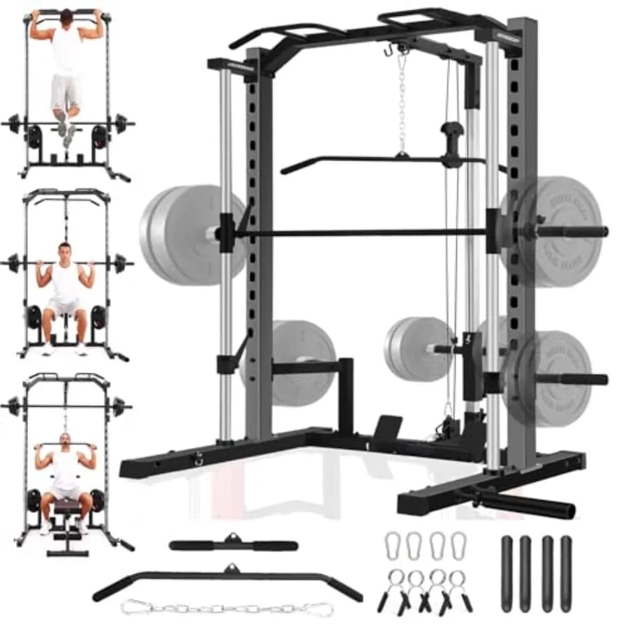 Power Rack All-in-One Smith Machine con Sistema LAT Pull Down, Barra per Trazioni, Barra per Bilanciere, Supporti per Pesi e Altri Accessori per l'Allenamento