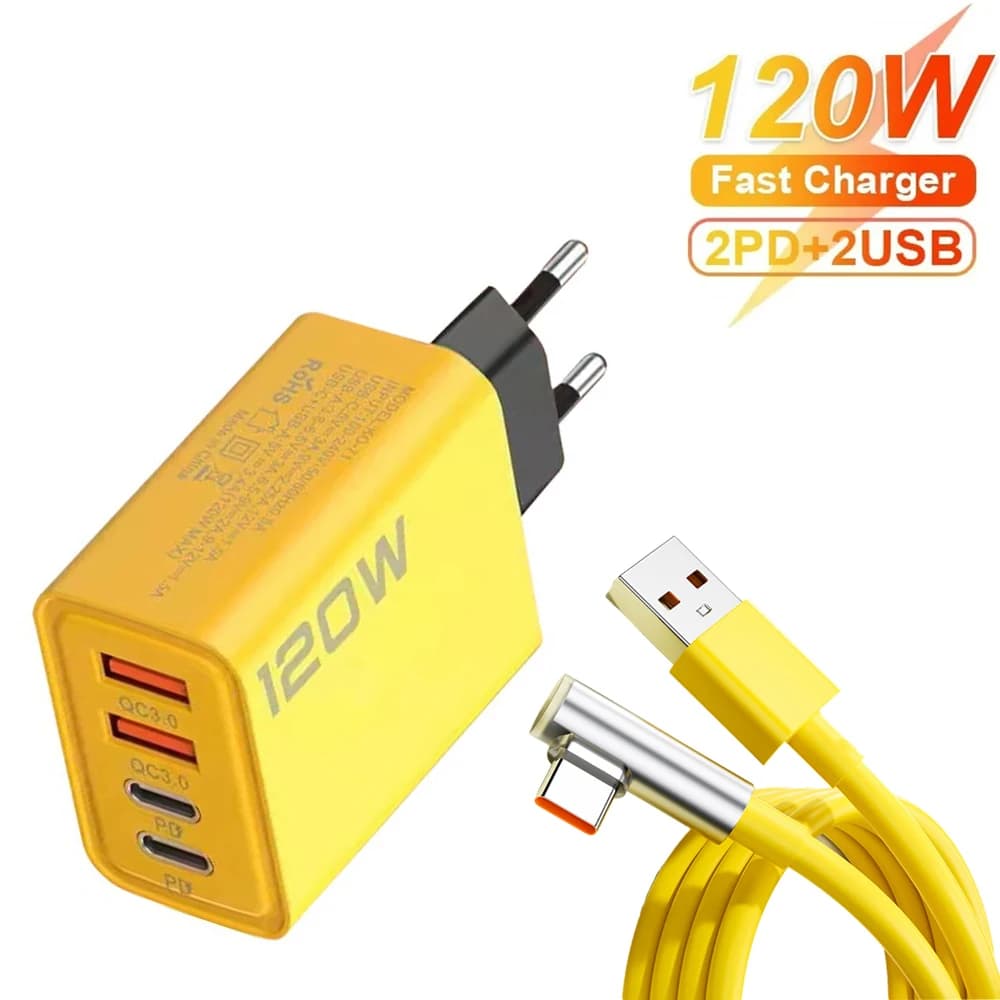 Caricabatterie rapido da 120 W 4 porte Tipo-C Adattatore per telefono Quick Charge 3.0 Spina UE/USA Cavo di ricarica rapida 6A per Samsung iPhone Xiaomi OPPO