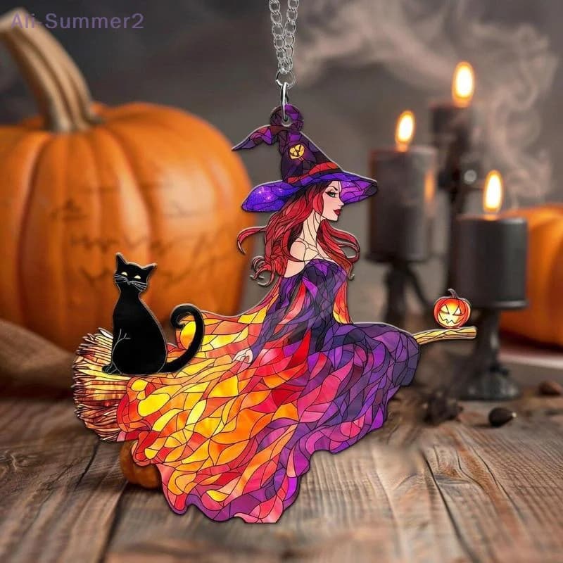 {MX} Gothic Sorceress Black Cat Suncatcher Acrylic Sorceress Hanging Ornament Halloween Window Decor Wind Chime For Home Party