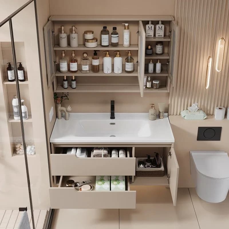 Mobile da bagno moderno e semplice in legno massello, lavabo per WC, lavabo integrato in ceramica, specchio intelligente