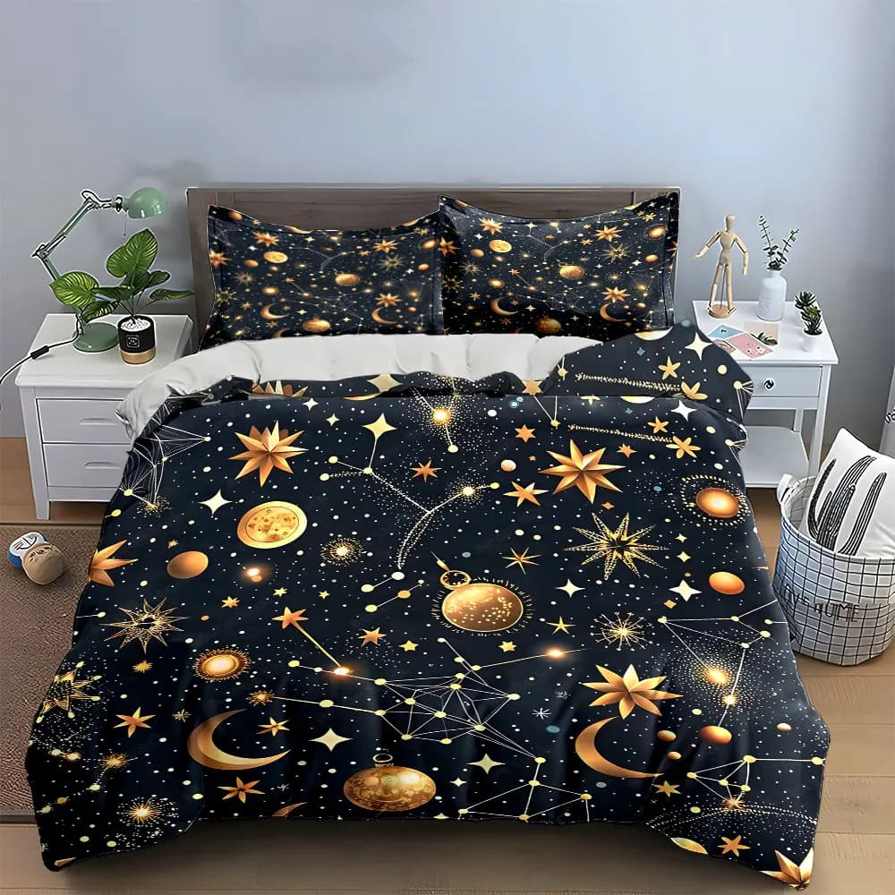 Set copripiumino Gold Constellation Star Crescent Moon, biancheria da letto senza cuciture Dark Navy Galaxy include 1 copripiumino e 2 federe
