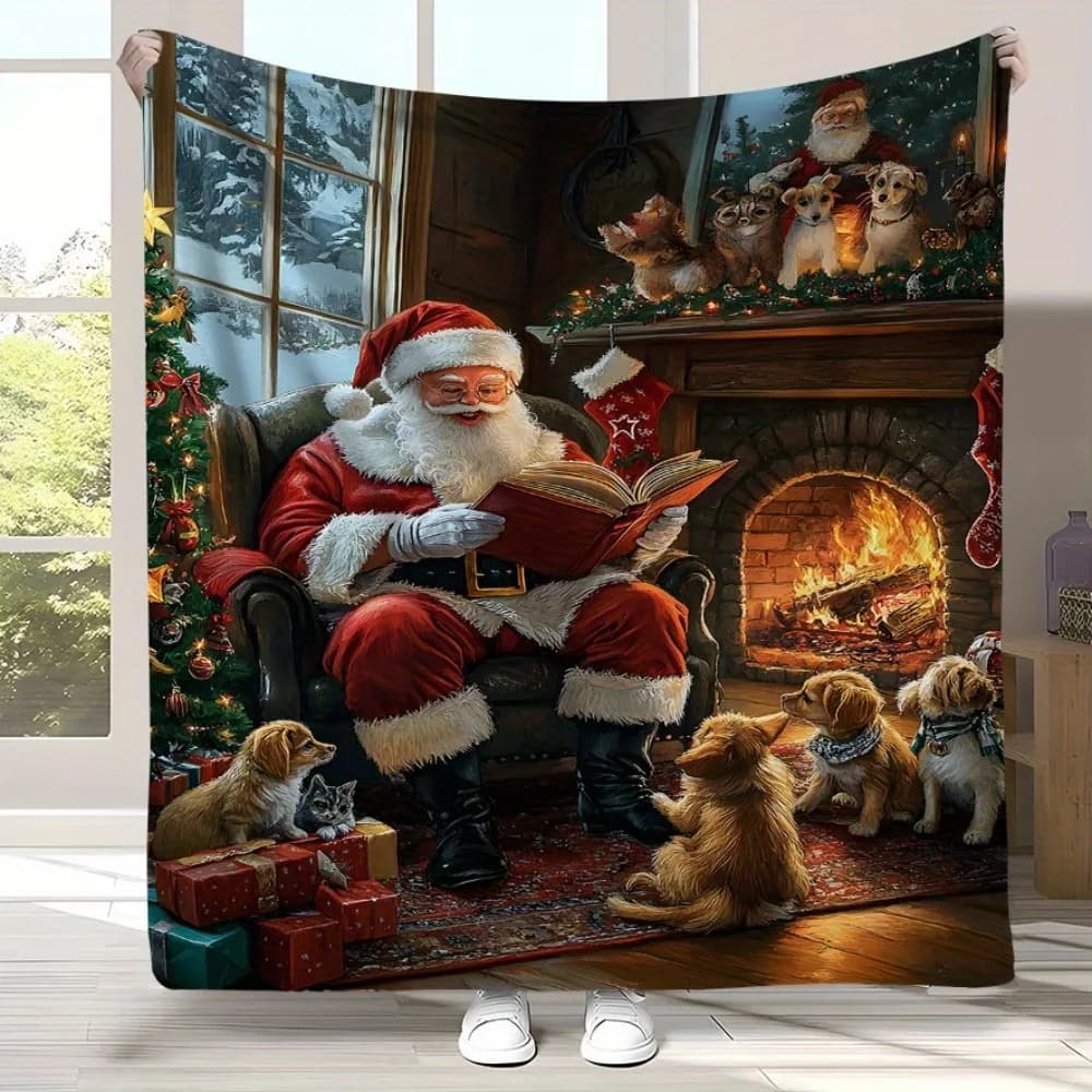 Coperta natalizia in flanella di Babbo Natale e animali domestici, morbida, calda e spessa, per divano letto, campeggio, decorazioni per la casa, rilassanti, regalo di Natale perfetto