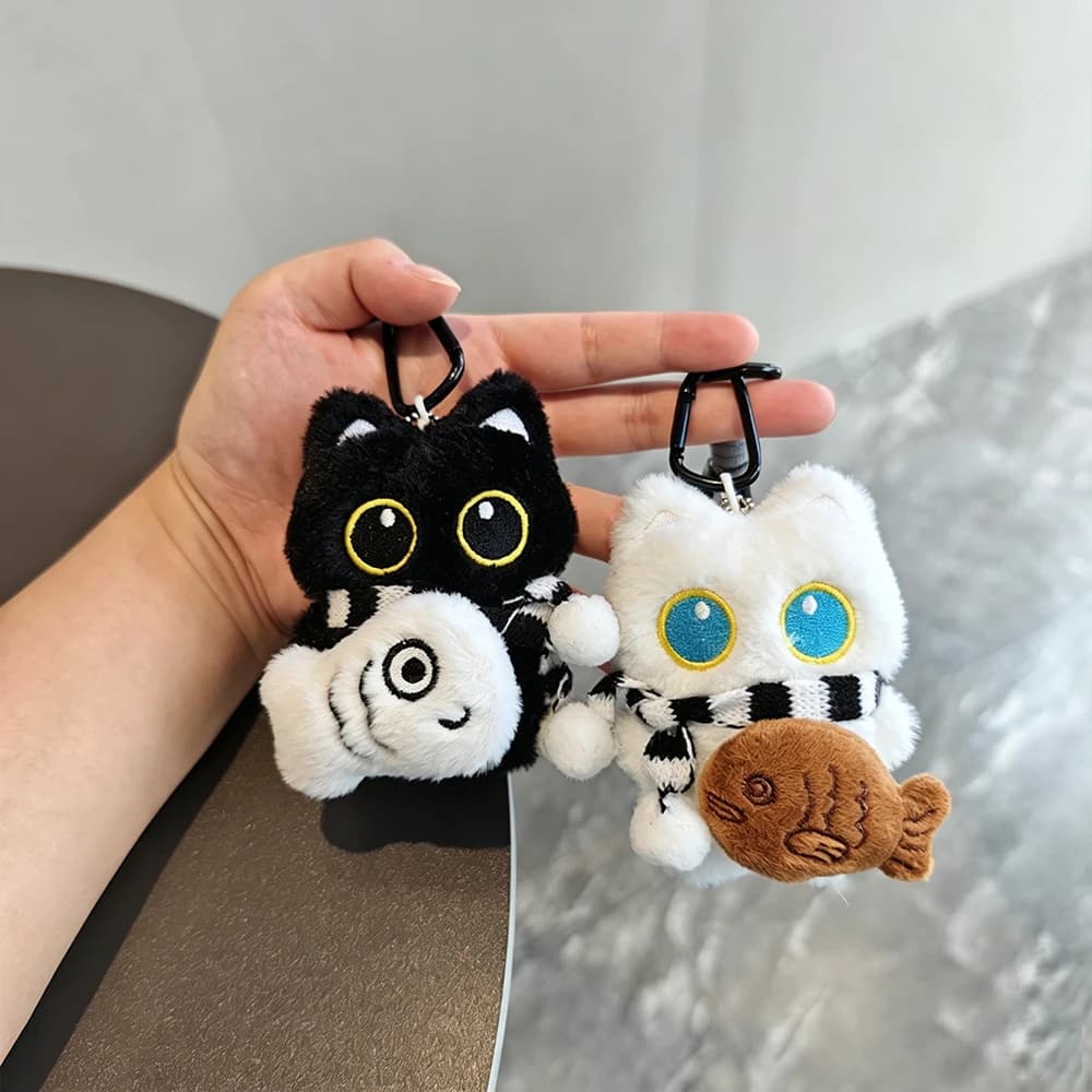 Cute Black Cat White Cat Plush Doll Toy Keychain Bag Pendant Charms Car Keyring Accessories Kids Room Decor Cat Lovers Gift