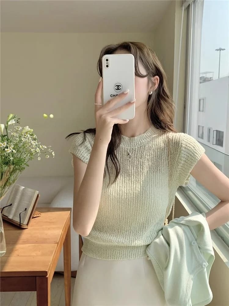 Green Hollow out Ice Silk Knitted Short Sleeve T-Shirt Women's Summer Gentle Short Thin Top Small Size Korean Style Commute