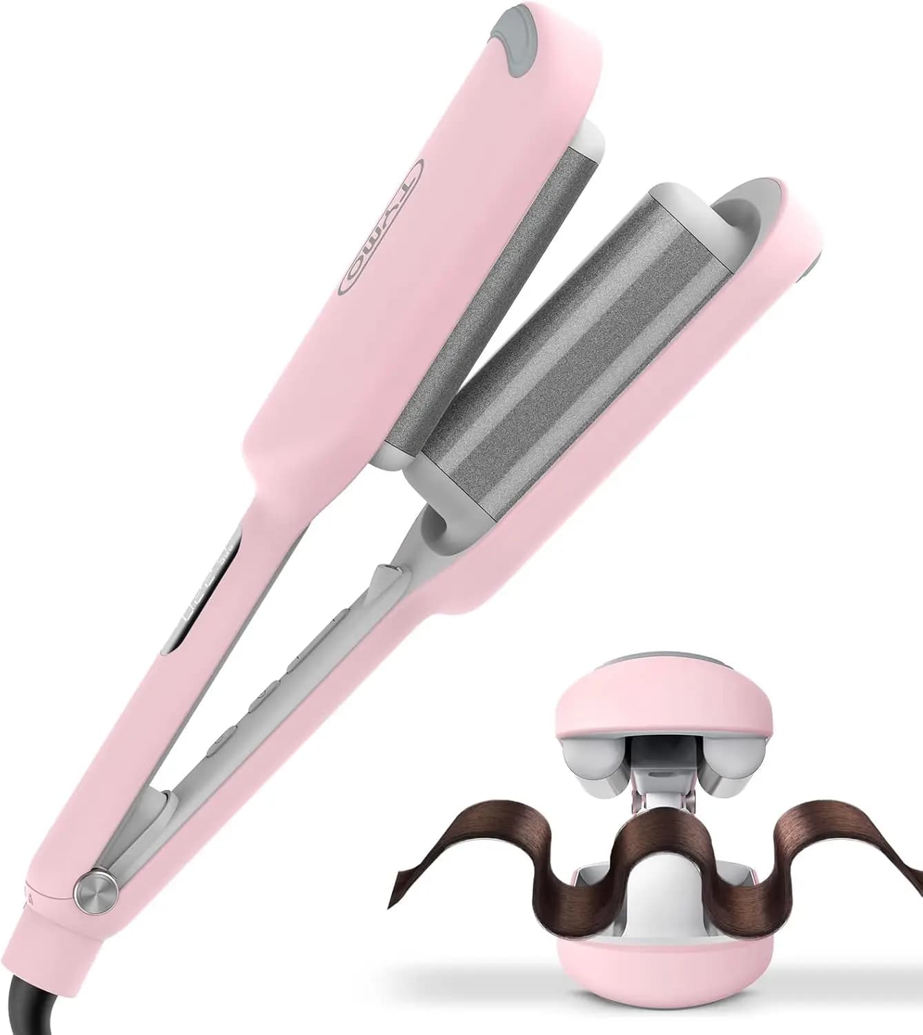 3-bar ceramic curling iron for beach waves, double tension, anti-coating, pink, easy to use