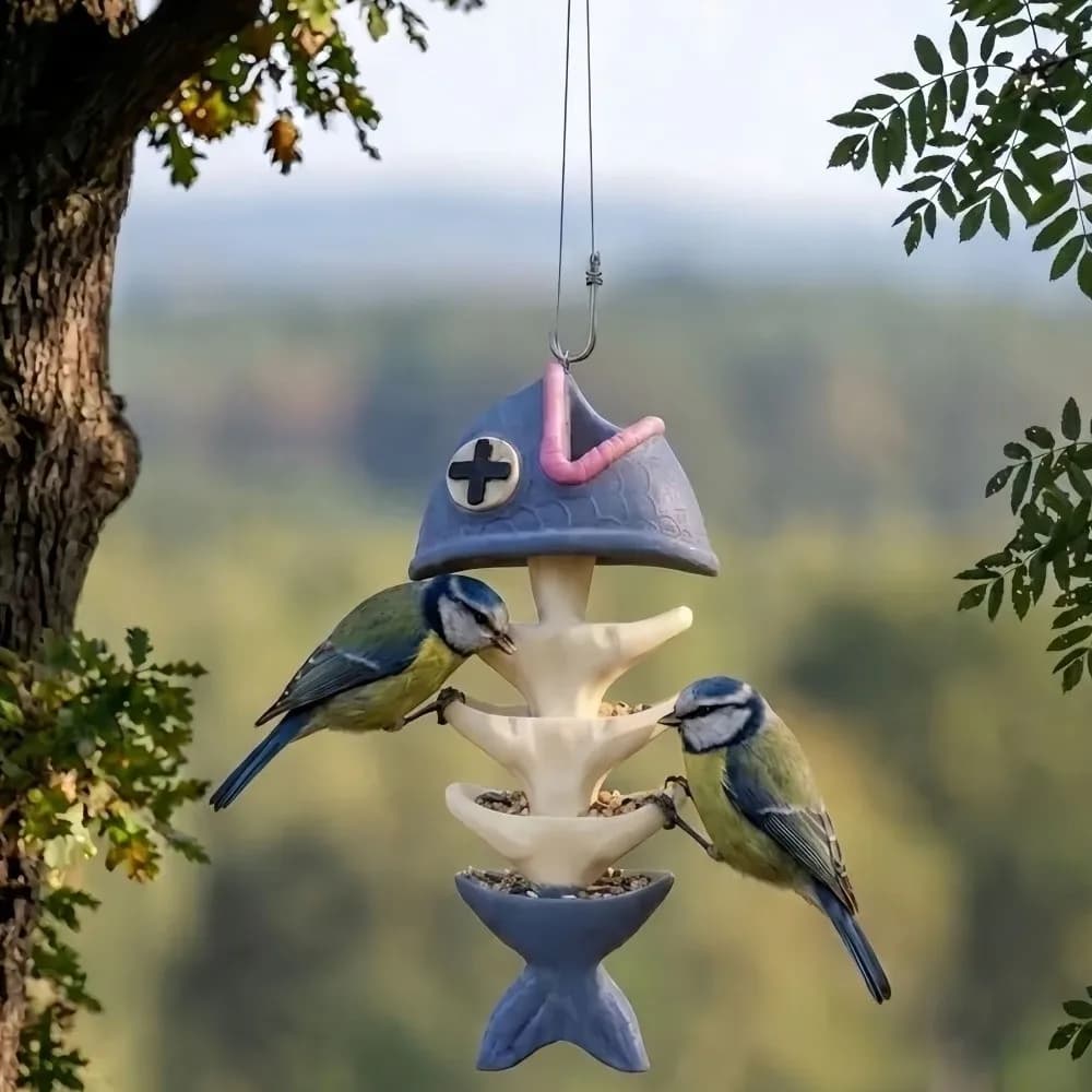 3D Printed Fish Bone Bird Feeder Rain-Resistant Animal Figurine Bird Food Container Multi-Tier Plastic Bird Feeding Station