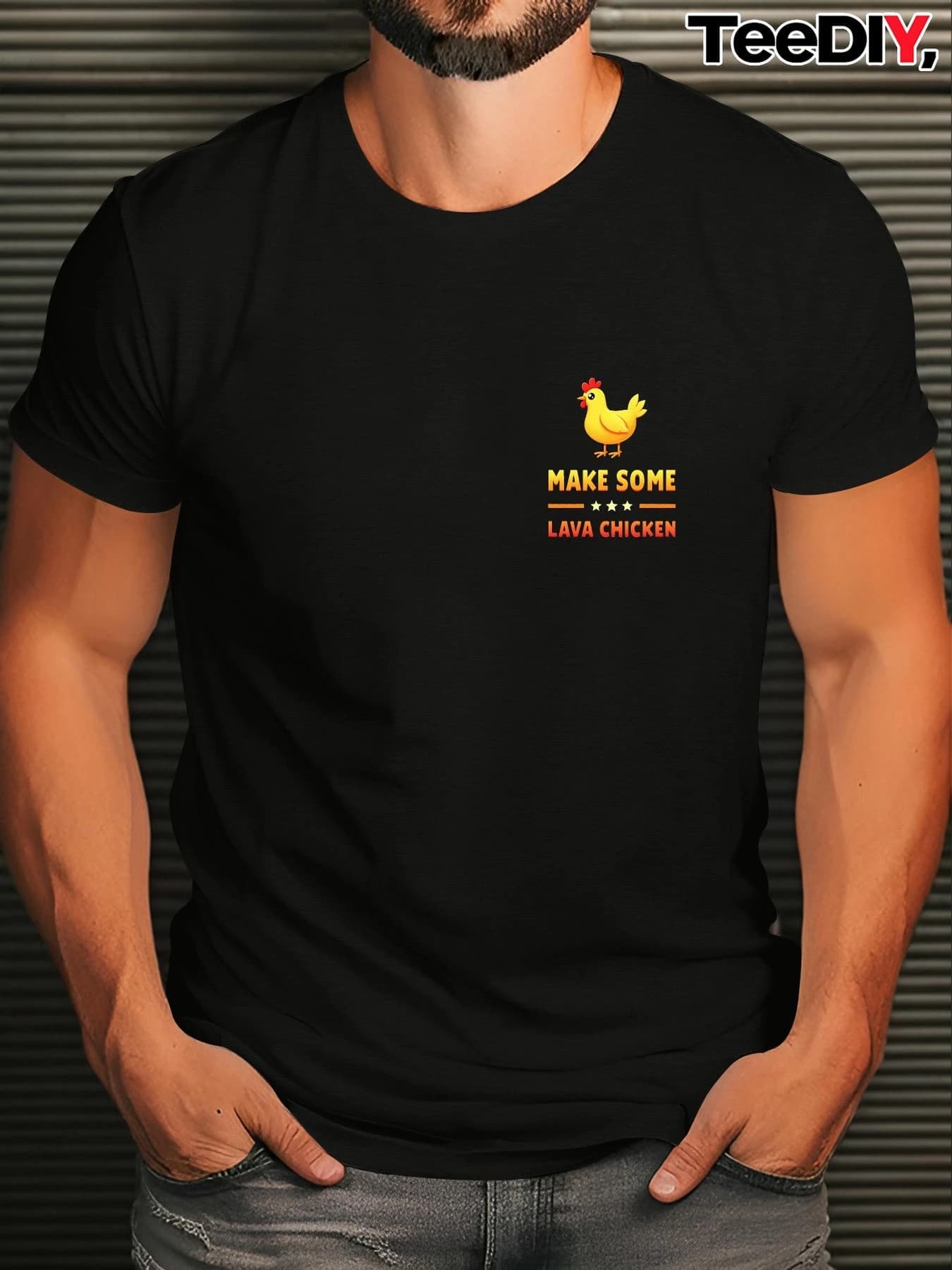 T-shirt divertente da uomo con stampa grafica di pollo lava giallo, modello ampio e casual a maniche corte