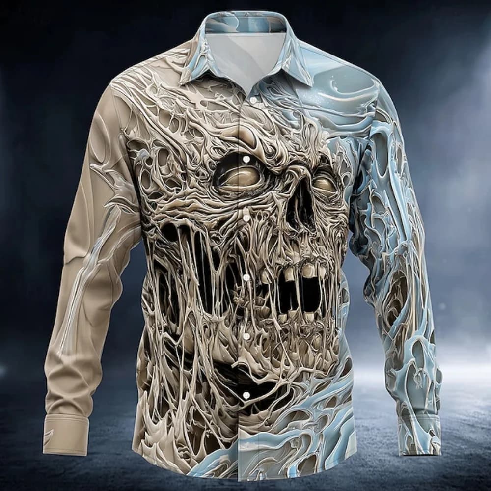 Hip-hop skull pattern men's streetwear - long-sleeved top - fashionable trendy graphic T-shirt - relaxed and loose fit - soft go