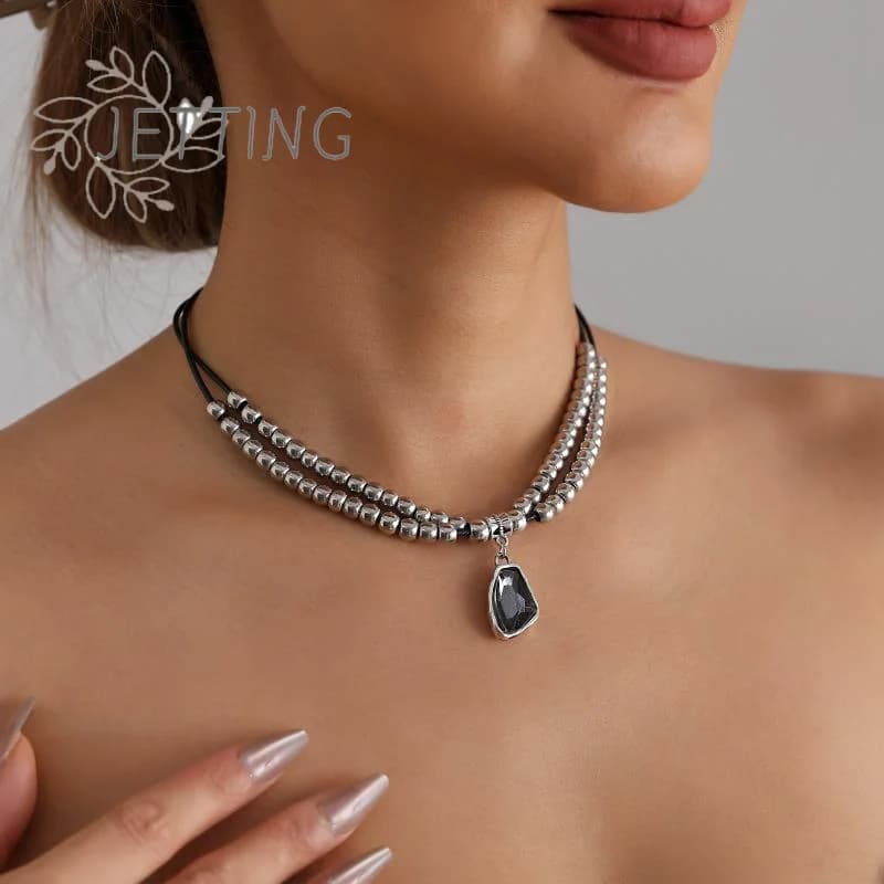 (SMTGDP11) Collana con ciondolo in cristallo grigio e perline irregolari da donna, girocollo in metallo a doppio strato, catena per maglione, gioiello da festa, regalo