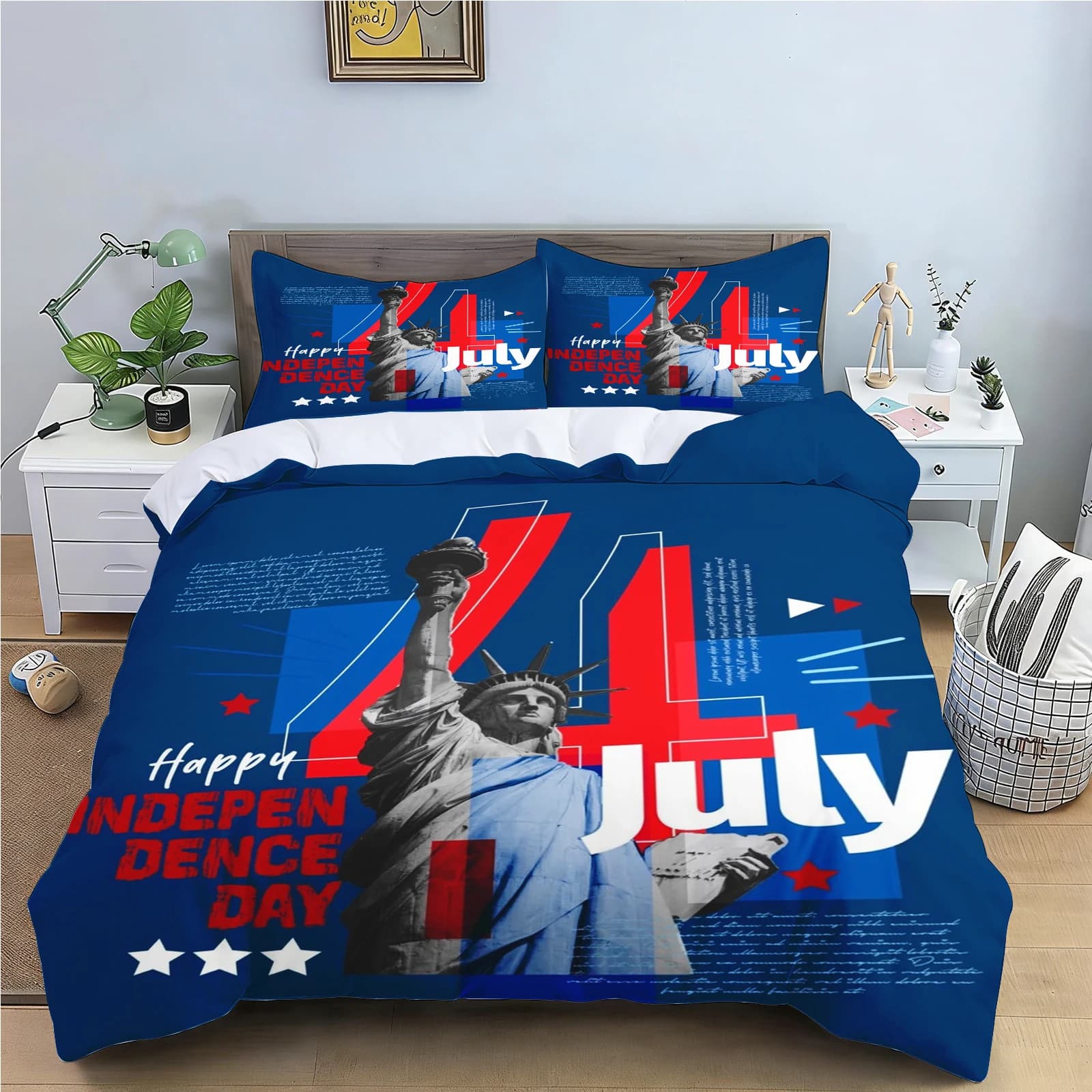 Set di Biancheria da Letto per il 4 Luglio, Giorno dell'Indipendenza Americana, 3 Pezzi con Stampa Bandiera USA, Copripiumino + Federe per Decorazione Camera da Letto