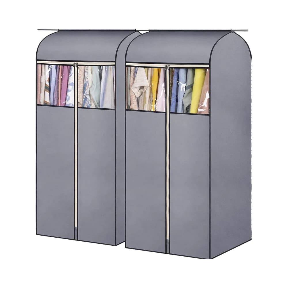 2 Confezioni di Sacche Porta Abiti Grigie in PVC con Finestra Trasparente 54\" Sistema di Organizzazione Appendibile per Armadio Copertura Pieghevole per Giacche e Completi