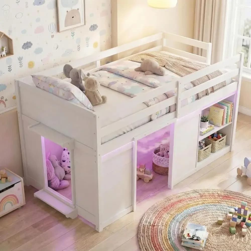 Letto a soppalco basso con luci LED, in legno, 2 ante, sponde di sicurezza, scala, ripiani portaoggetti, adatto per bambini, non richiede rete a molle (Bianco)