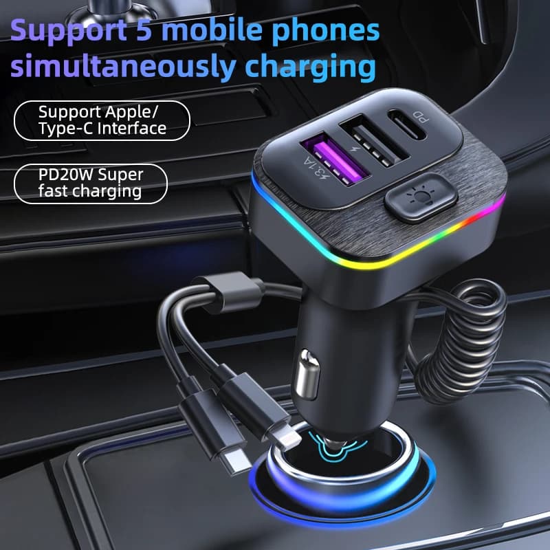 Adattatore Caricabatterie Auto 2-in-1 con Doppio Cavo di Ricarica, Adattatore di Alimentazione Auto a Ricarica Rapida per iPhone e Dispositivi Type-C