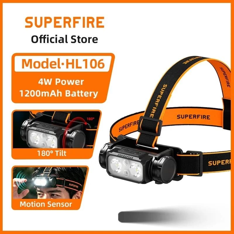 SUPERFIRE HL106 4W Mini lampada frontale multifunzionale con sensore di movimento, ricarica di tipo C, ruotabile, luce da campeggio