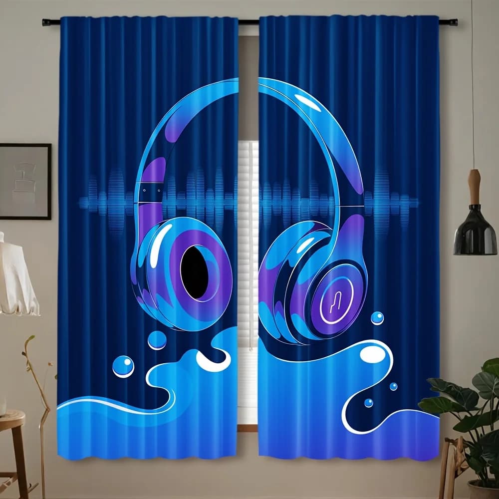 Set of 2 pcs Game Headphones and Theme Curtains Rock Mic - Semi-transparent blue chic polyester curtains for bedroom furniture