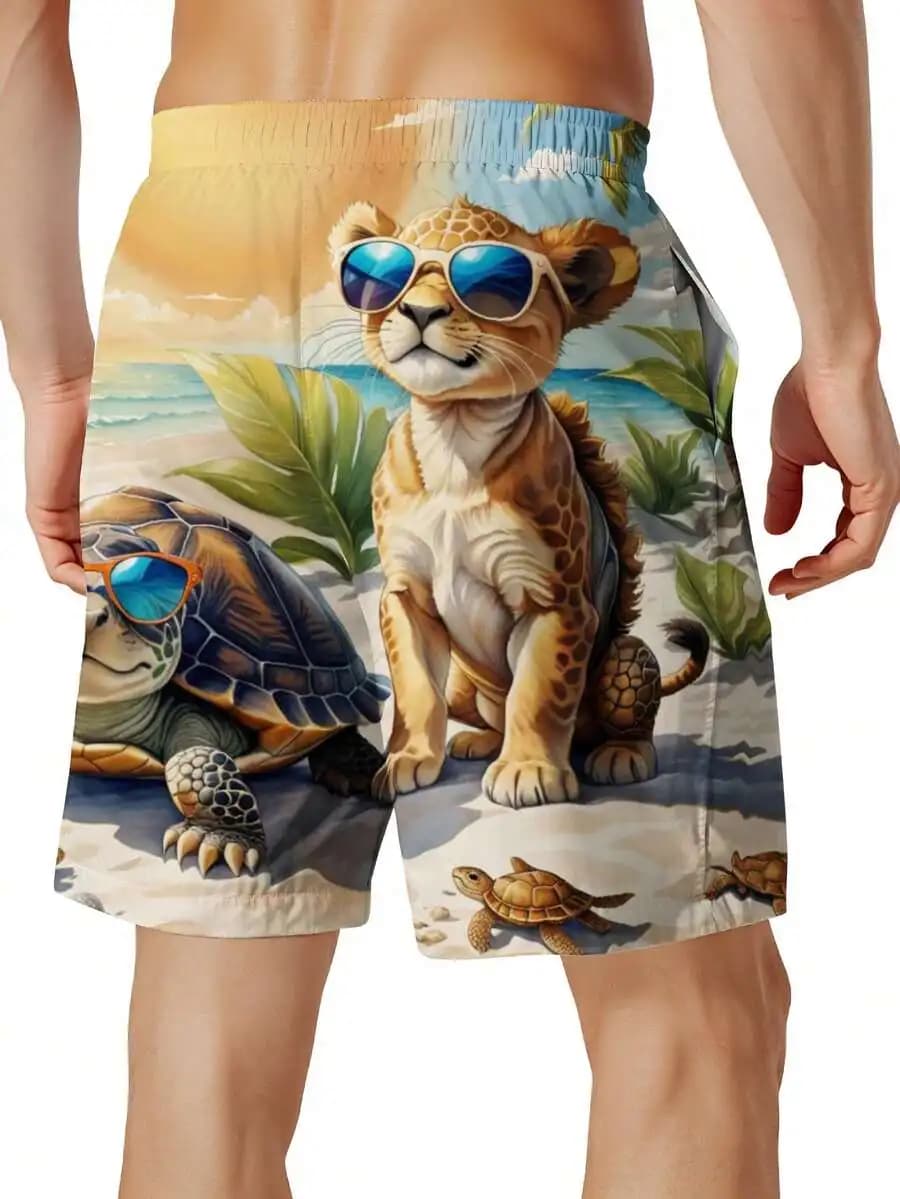 Pantaloncini da spiaggia da uomo stampati in 3D con leopardo e tartaruga con occhiali da sole, design Tropical Paradise