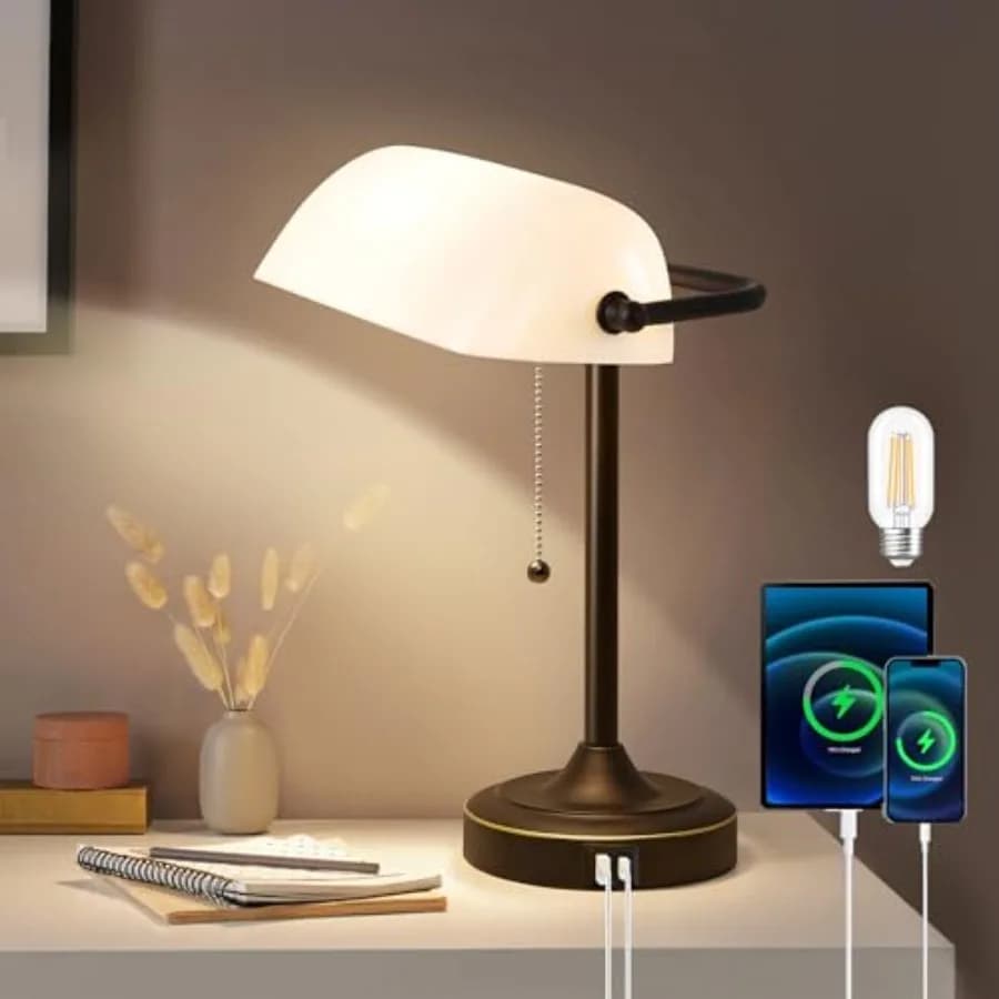 Lampada da Scrivania Vintage Stile Bancomaturo - Paralume in Plastica, Lampada da Tavolo Retrò con Porte di Ricarica USB e Type-C, Lampada Tradizionale da Biblioteca