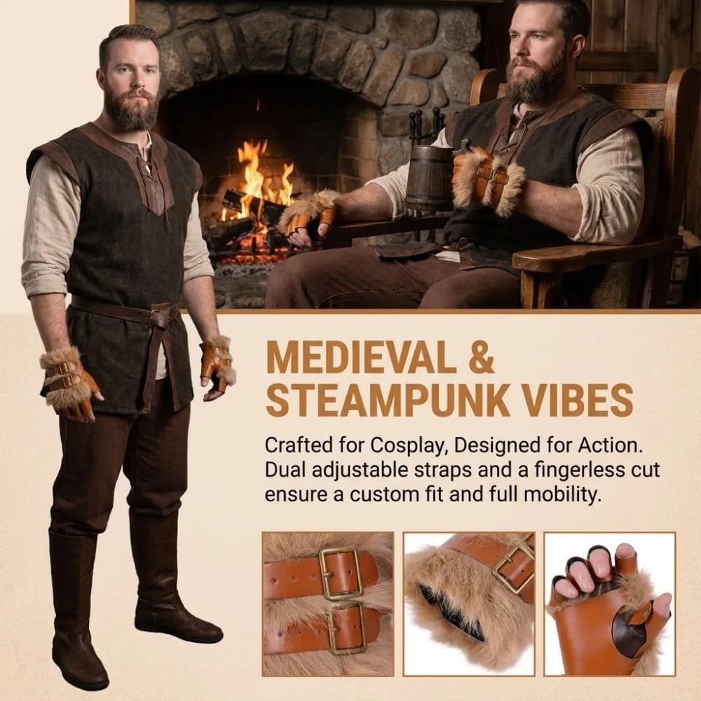 Vintage Faux Fur Fingerless Gloves Adjustable Buckle Warm PU Leather Mittens Realistic Furry Gauntlet Medieval