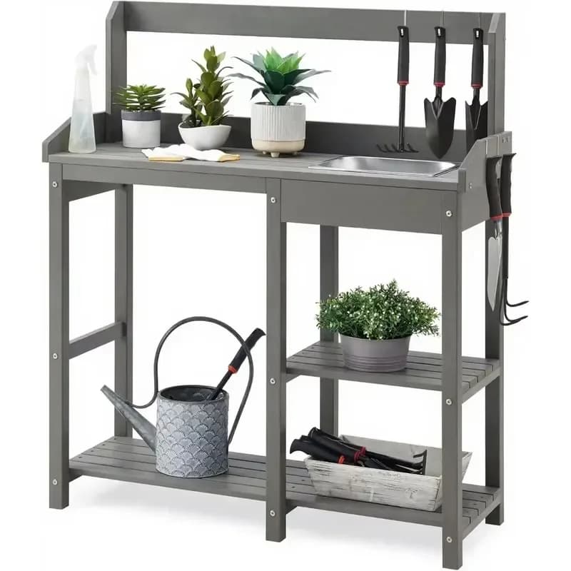 Outdoor Polyethylene Wood Garden Potted Plant Table with Removable Sink and Triple Storage Rack