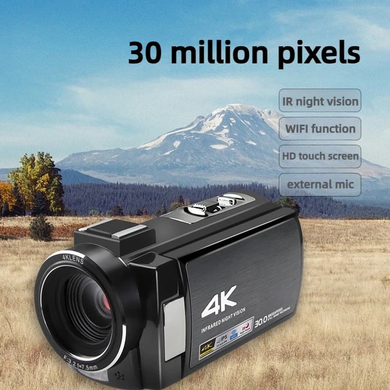 Videocamera Digitale 30MP 4K Full HD con Schermo Touch da 3.0", Videocamera Professionale con Visione Notturna IR, WIFI, Supporto per Microfono Esterno e Obiettivo
