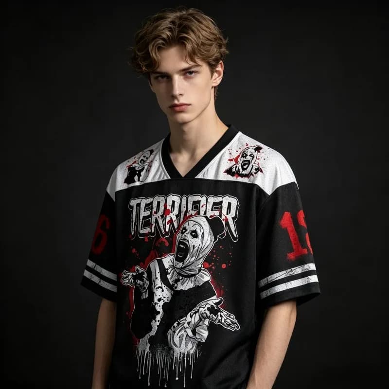 Terrifier Art The Clown Horror Movie Jersey T‑Shirt Men Halloween Blood Splash Print V‑Neck Tops Hip Hop Streetwear Casual Tees