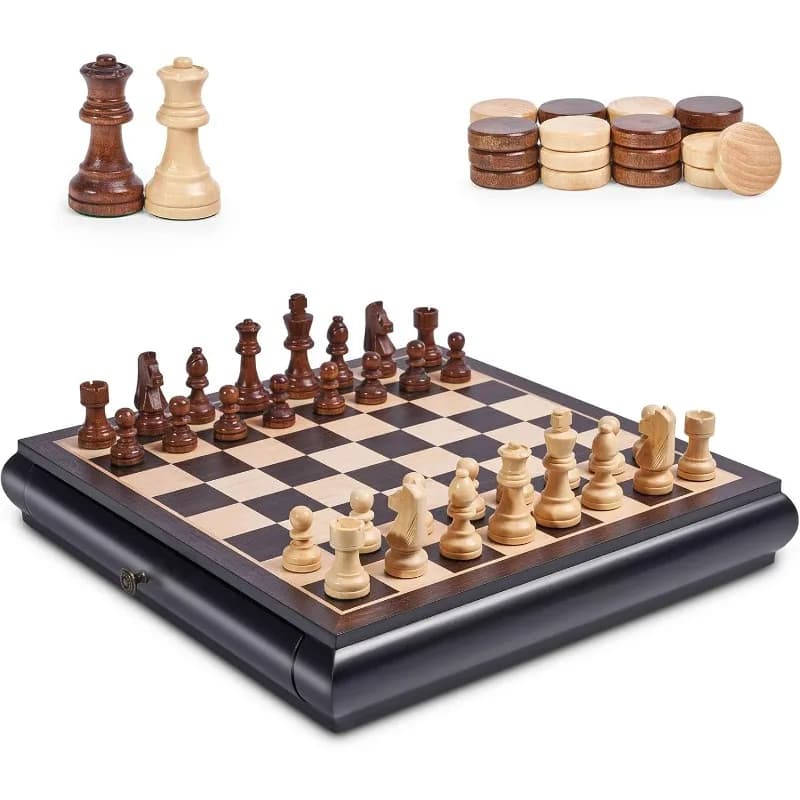Set da gioco per scacchi e dama in legno, tavolo di grandi dimensioni da 15,5" con cassetti portaoggetti, pezzi degli scacchi ponderati - 2 regine extra da 3" King