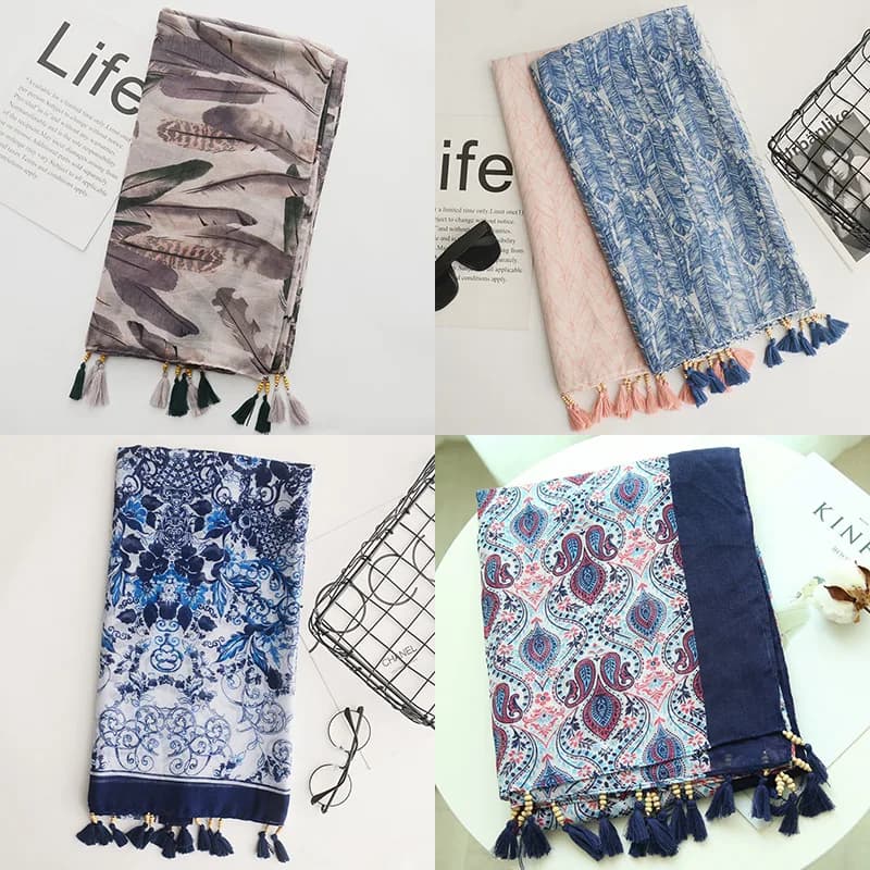 Sciarpa in voile da donna con nappe e perline, protezione solare da viaggio, scialle etnico, sciarpe lunghe in seta morbida, copricapo da escursione e spiaggia 180x90cm