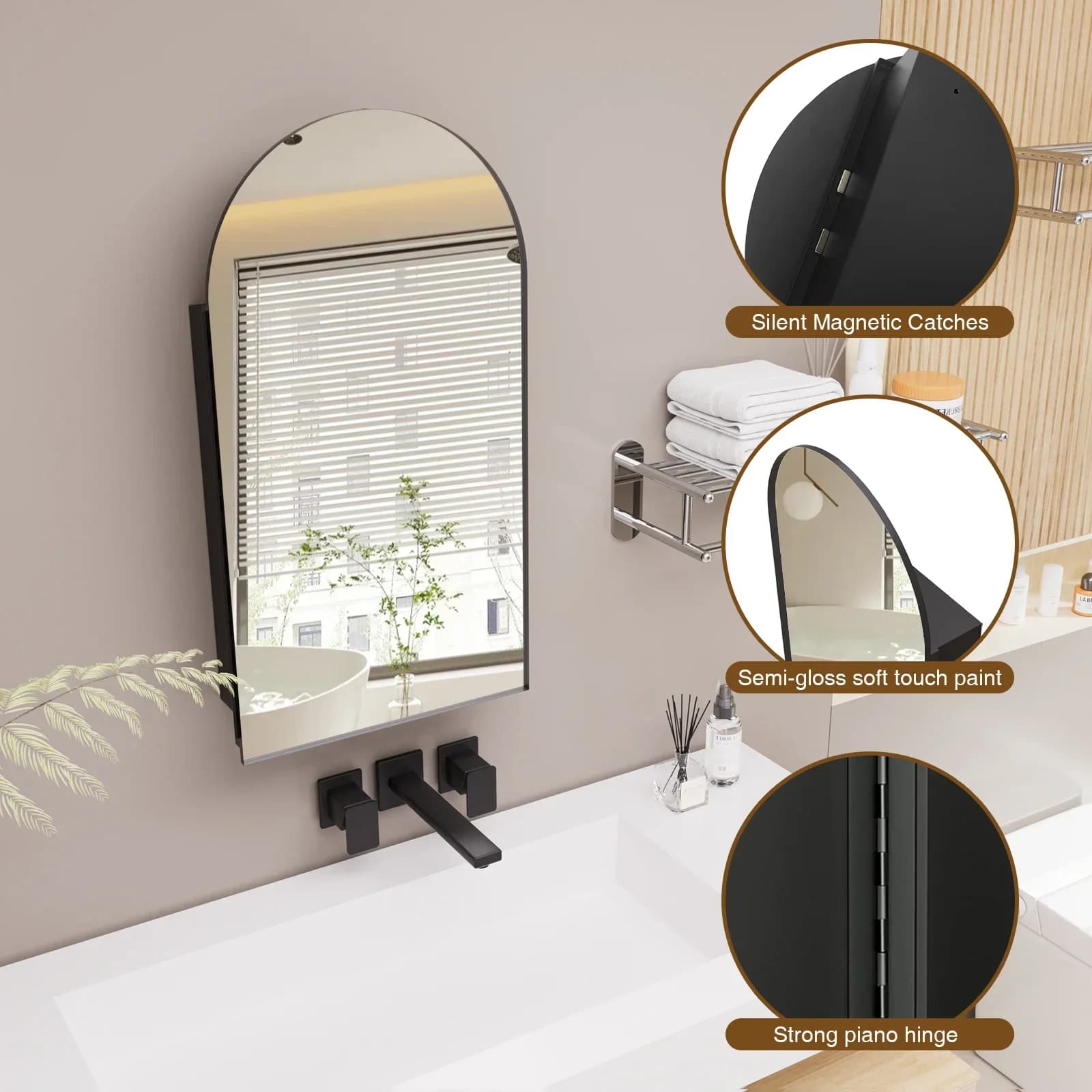 Armadietto da bagno ad arco con specchio, armadietto da bagno ad arco curvo, montato a parete, pronto, assemblato con ripiano regolabile