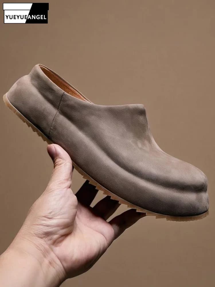 Concise Male Suede Horsehide Platform Height Increase Solid Color Slippers Genuine Leather Round Toe Slip On Leisure Footwear