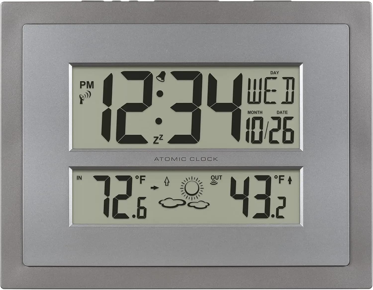 Digital atomic wall clock with external temperature sensor, 12/24 hours, alarm clock and weather forecast