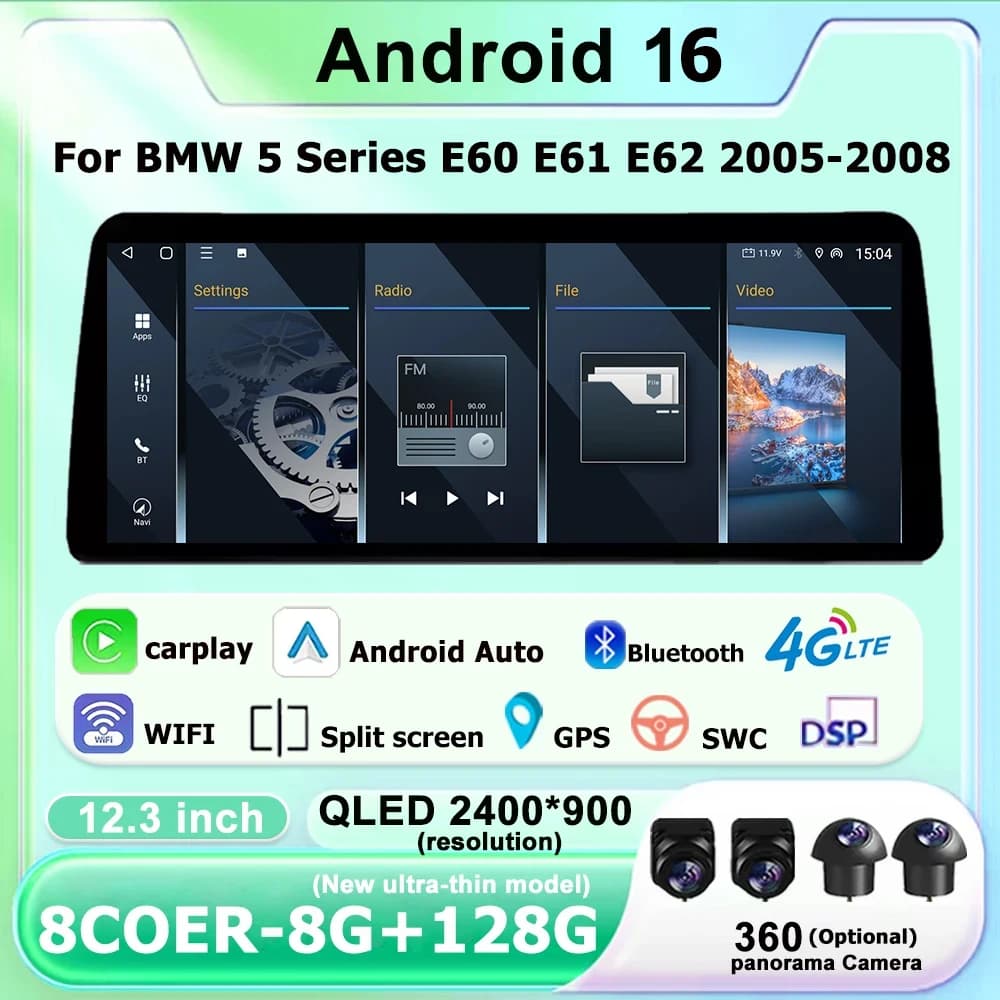 For BMW 5 Series E60 E61 E62 2005-2008 CCC CIC System Android 16 Wireless CarPlay Car Radio Multimedia Video Player GPS BT DSP