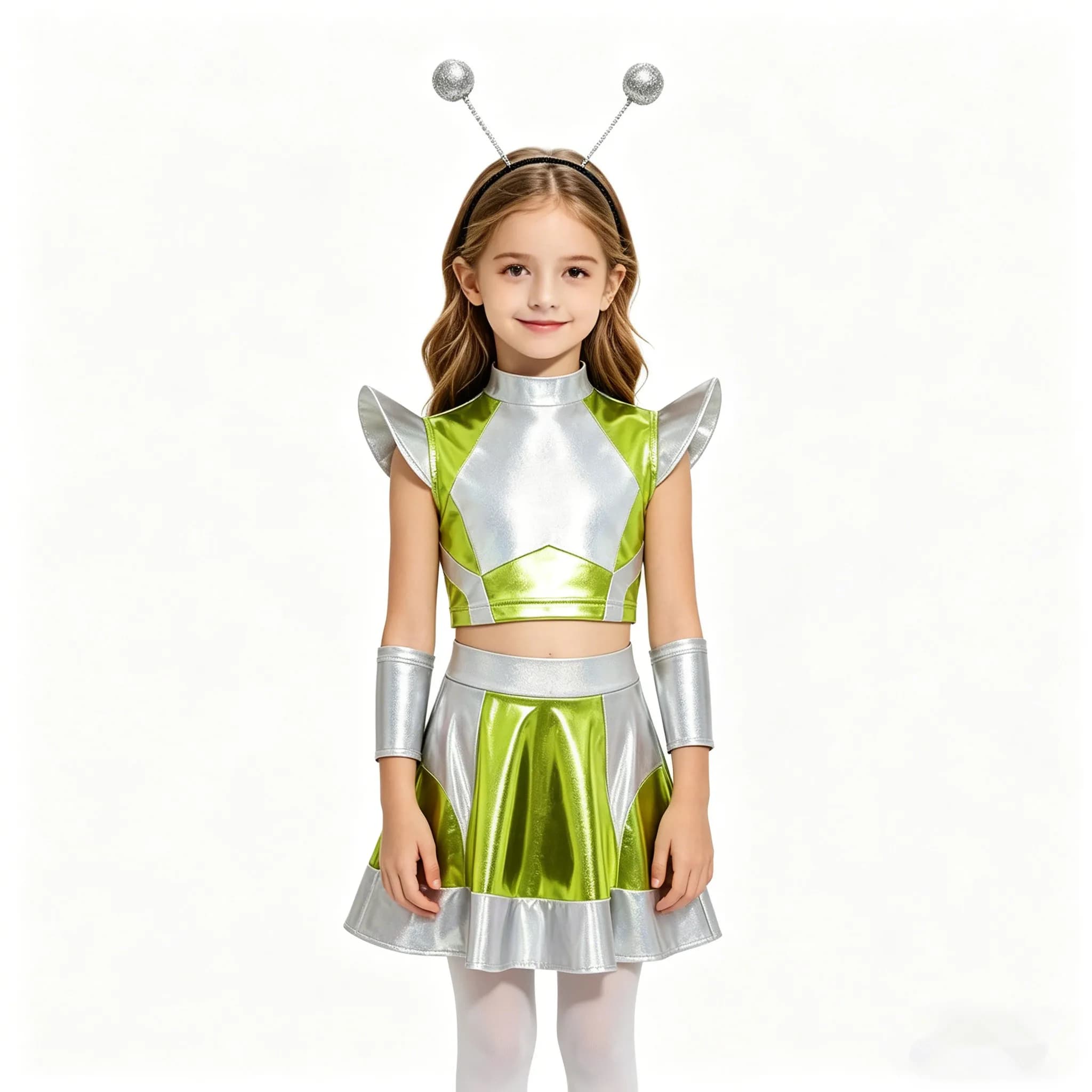 Costume da Alieno Carino per Bambine Halloween, Top Corto Metallizzato Lucido con Gonna, Maniche e Cerchietto per Capelli, Abbigliamento da Robot Astronauta