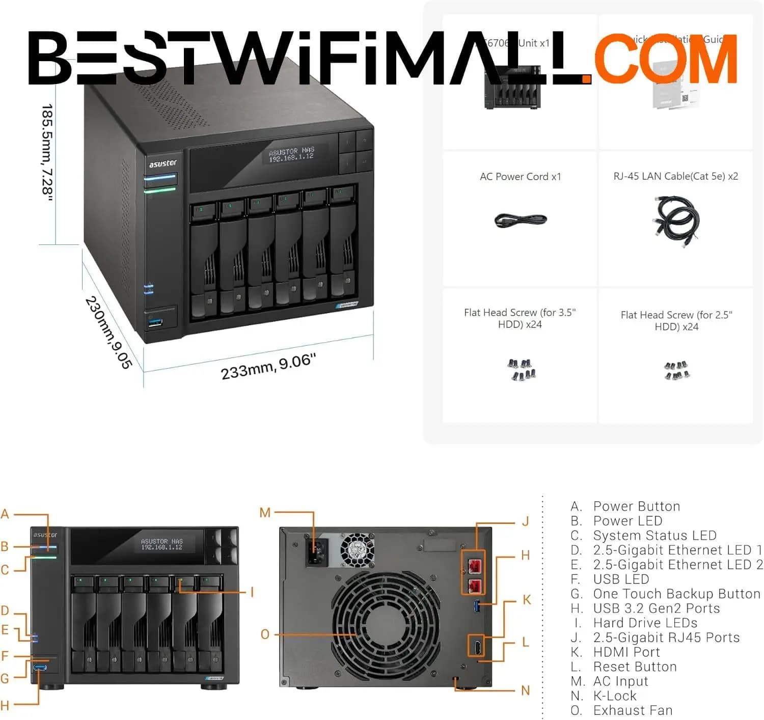 ASUSTOR AS6706T Lockerstor 6 Gen2 NAS a 6 Bay con CPU Quad-Core 2GHz, 4 Slot NVMe M.2, Dual 2.5-10GbE, 8GB RAM, Storage di Rete Senza Dischi