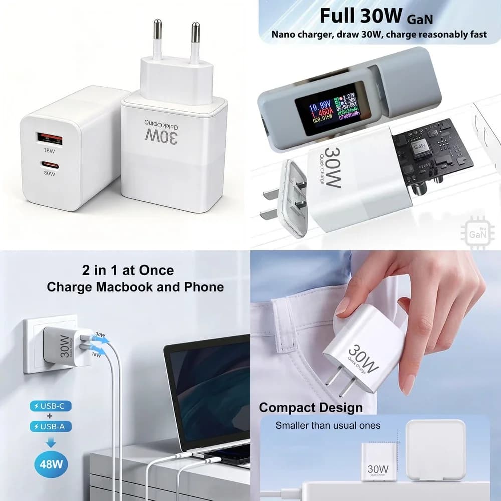 Dual Port 30W USB C Charger PD Fast Charging Wall Adapter Type C USB A QC 3.0 Quick Charge for iPhone 17 16 Samsung Xiaomi iPad