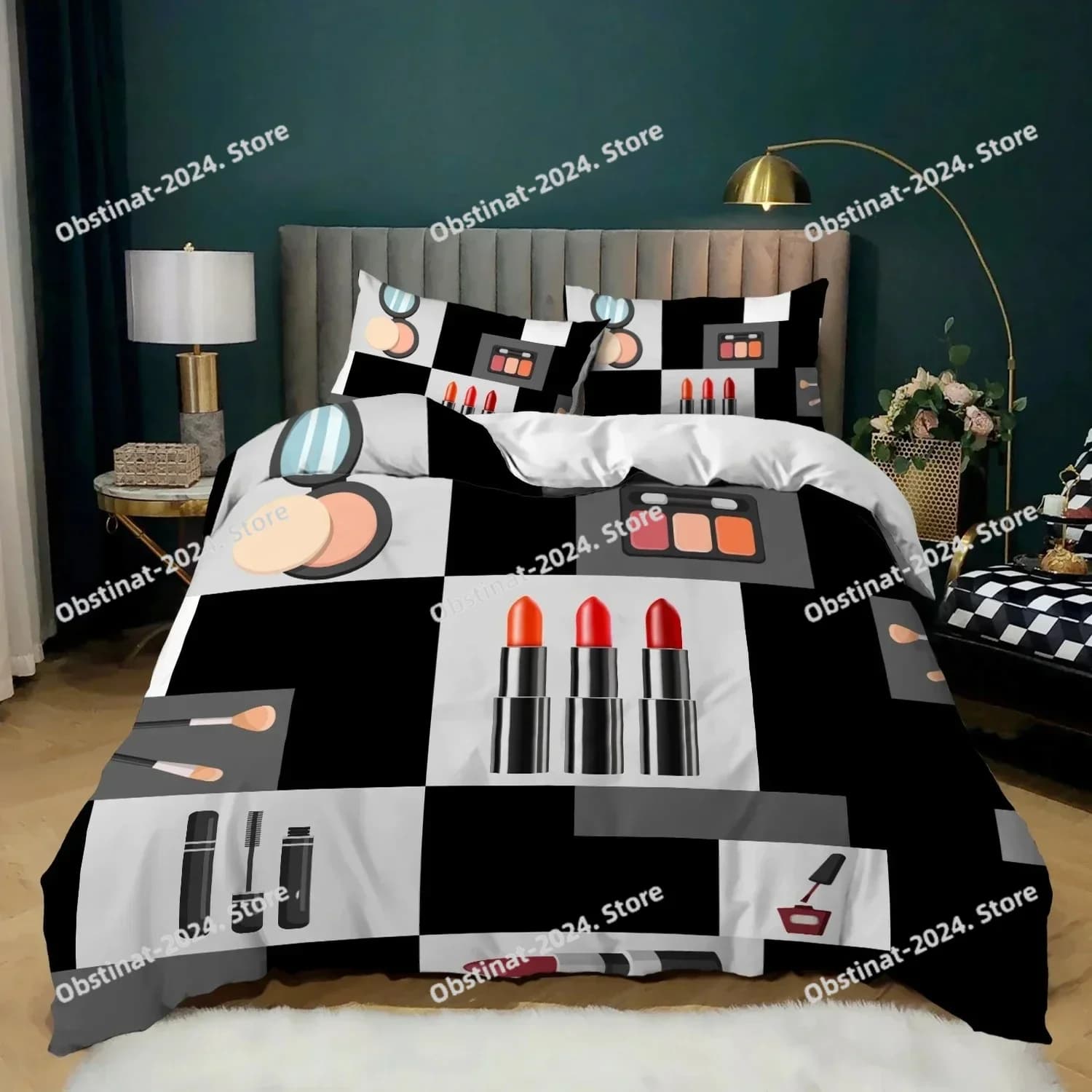 Set copripiumino cosmetico Set biancheria da letto a tema trucco king size Rossetto Mascara Ombretto Copripiumino moderno in morbida microfibra