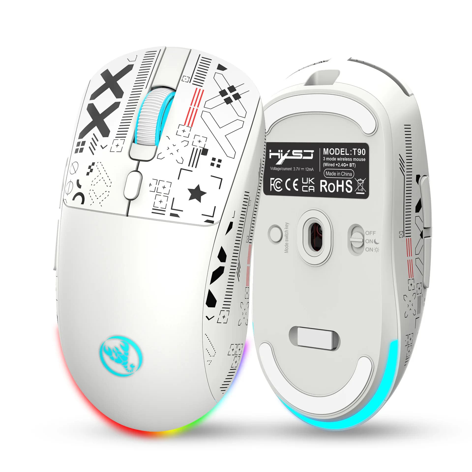 Mouse da gioco retroilluminato HXSJ T90 RGB cablato 2.4G Bluetooth wireless Nuovo modello Batteria da 650 mAh 500 milioni di clic fino a 4000 DPI