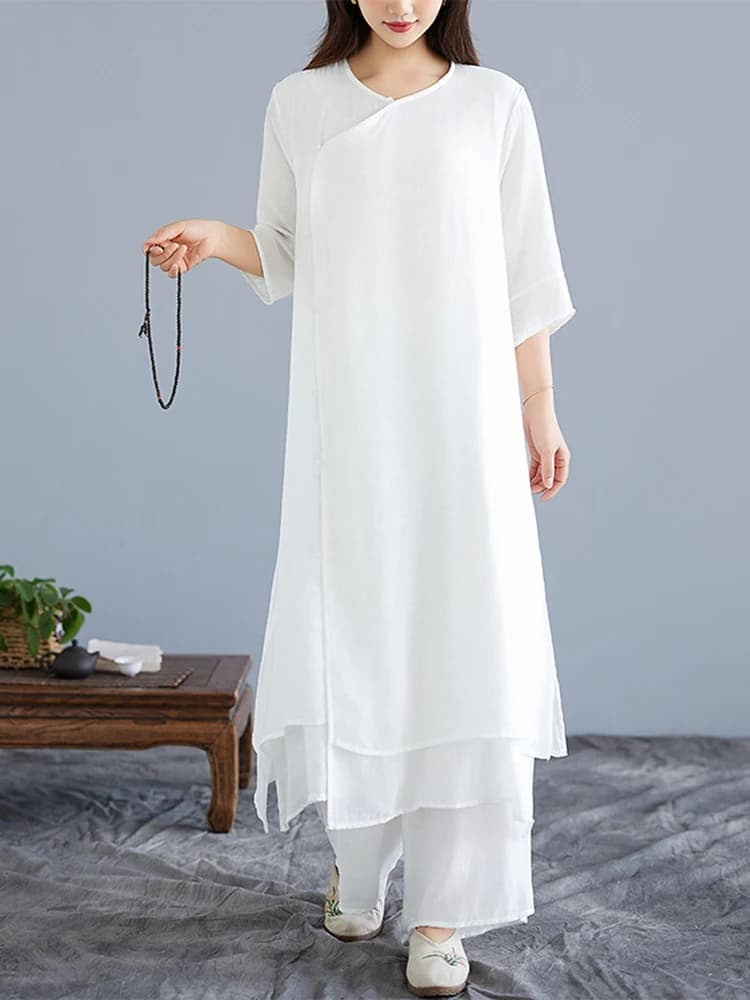 Elegant Zen Tea Ceremony Clothes Women's Summer Healing Dance Suit Two-Piece Set Breathable Lightweight Cotton Linen Blend