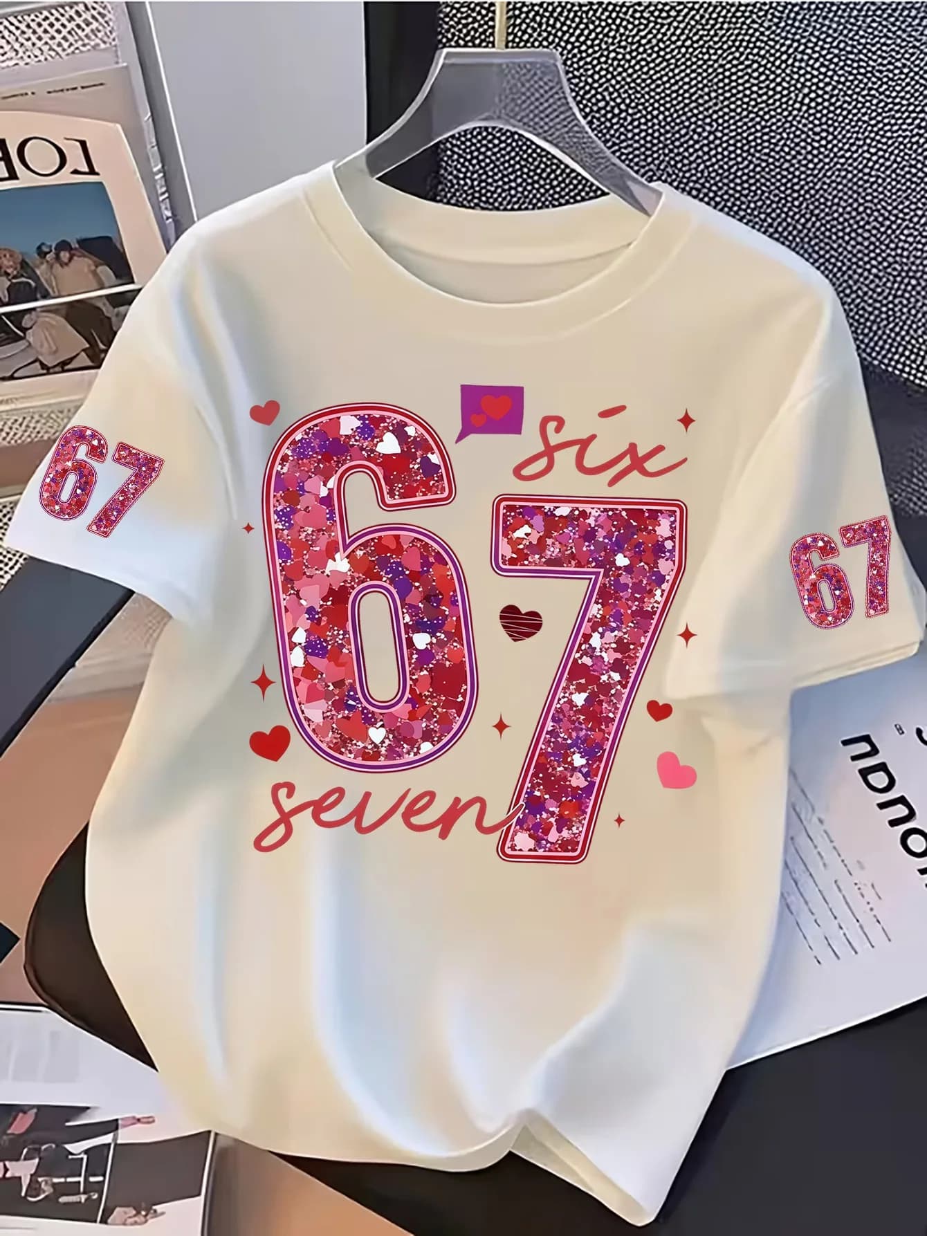 Girls' T-shirt Valentine's Day exclusive sequin number 67 creative print T-shirt. Perfect summer children's outdoor clothing.