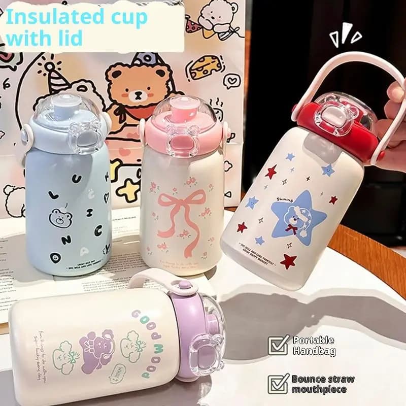 Thermos in acciaio inossidabile per bambini Bollitore portatile in paglia carina Bottiglia d'acqua in acciaio 304 dal design semplice per bambini