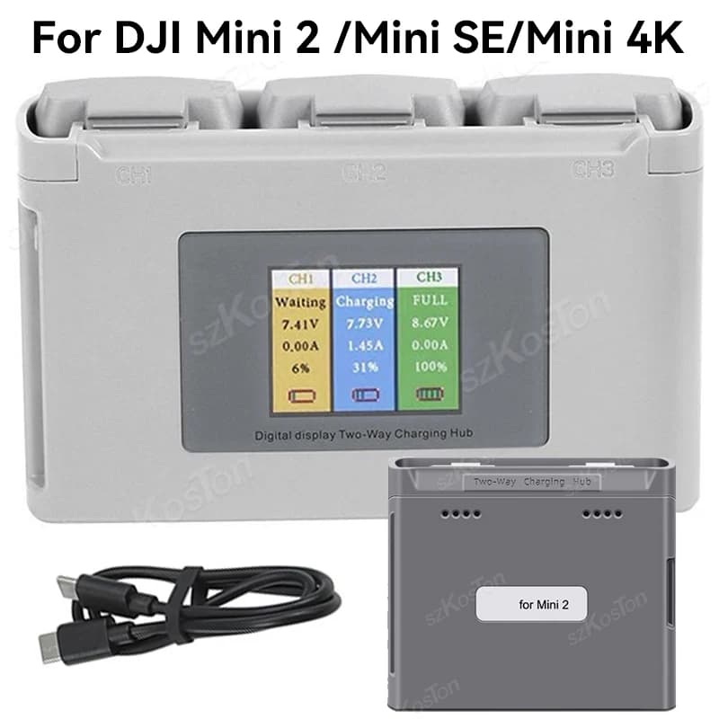 2/3-way charger hub for DJI Mini 4K/Mini 2 SE batteries Digital display with colored screen USB charger
