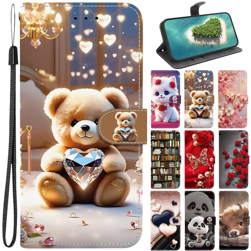 Custodia a portafoglio con supporto e cinturino Note15/Note14Pro+ Cat Bear per Redmi 15C 14C 13C A5 A3 Note 15 14 13 Pro Plus 5G 4G