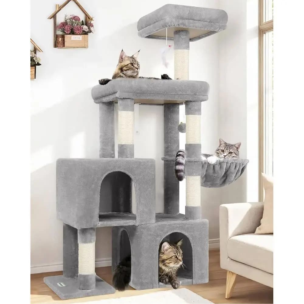 Torre per Gatti Grigia a 52 Livelli con 2 Cucce, 5 Pali in Sisal, 2 Posatoi, Cesto per Gatti Multipli