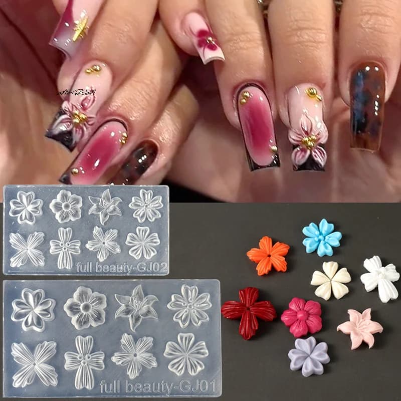 Petali di fiori primaverili Stampo per unghie in silicone 3D Modello per manicure con design floreale fai-da-te Strumento per stencil per intaglio per nail art
