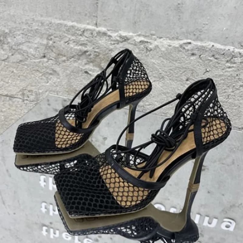 Sexy Mesh Pumps Sandals Female Square Toe High Heel Lace Up Cross-Tied Stiletto Hollow Dress Shoes Zapatos Mujer，Big Size Shoes