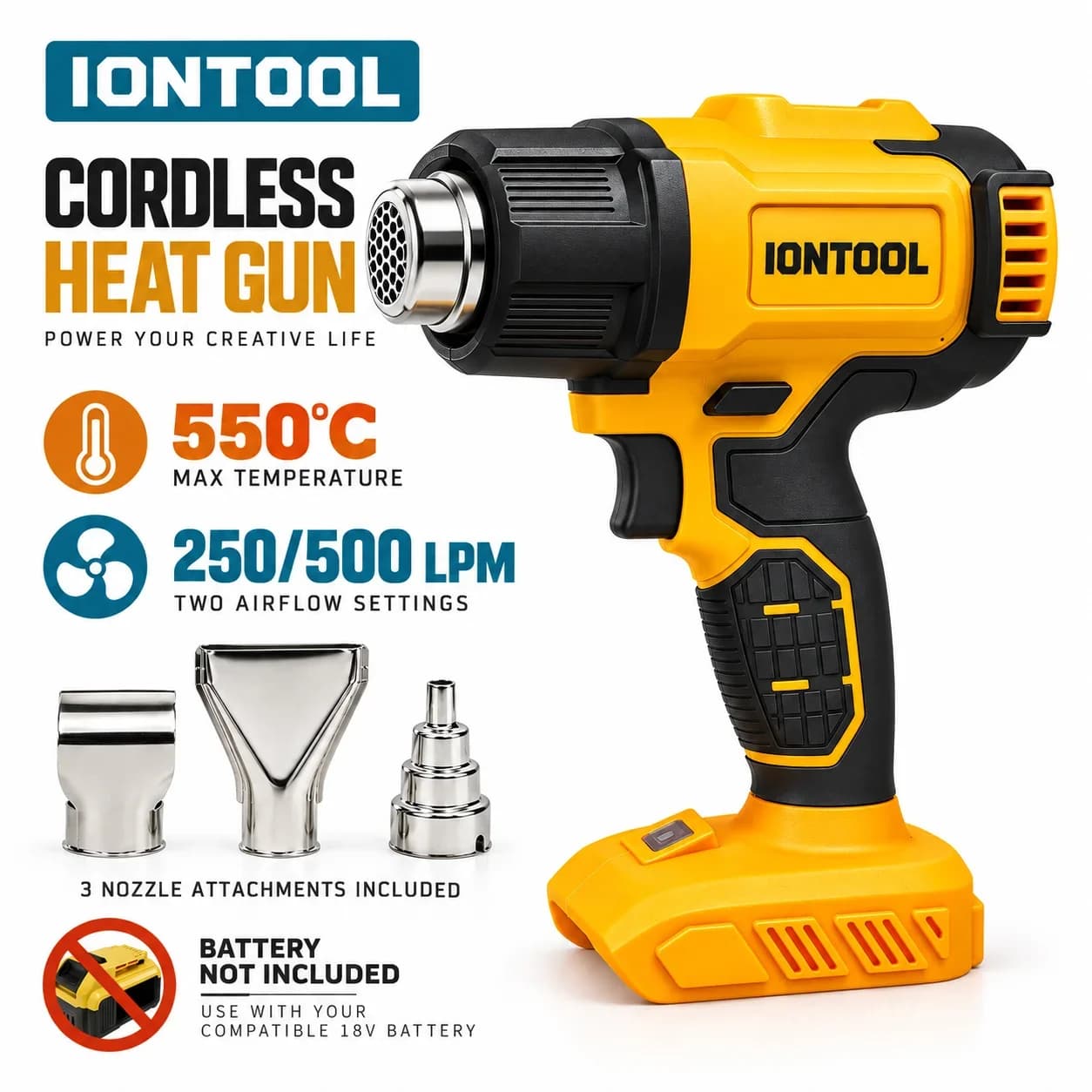 IONTOOL Brushless Cordless Heat Gun 250L/min for Electronics Soldering and Shrink Tubing DIY Home Repair Projects Tool