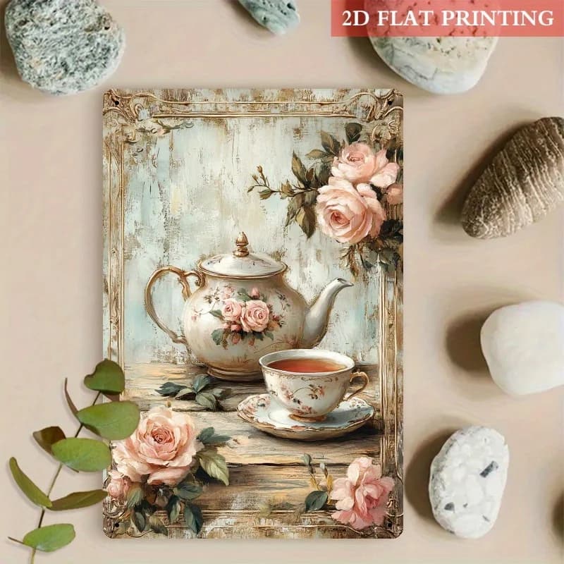 Insegna in metallo 2D piatta - 1 pz. con rose vintage romantiche per tea party | Decorazione da parete in ferro da 8,0x12,0 pollici con design floreale a forma di teiera e tazza
