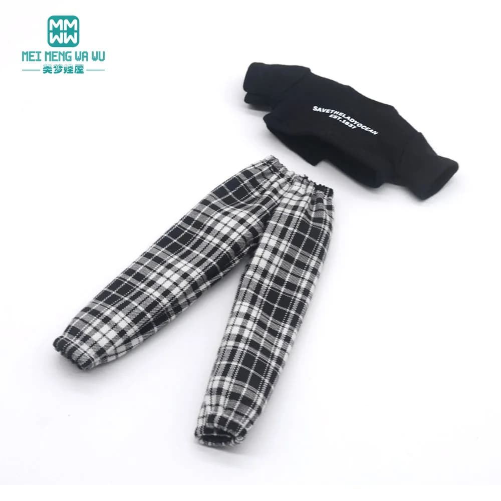 Fits 28cm Blyth Doll Clothes Azone OB23 OB24 Accessories Fashion Jeans Black and White Plaid Pants T-Shirt Black White gift