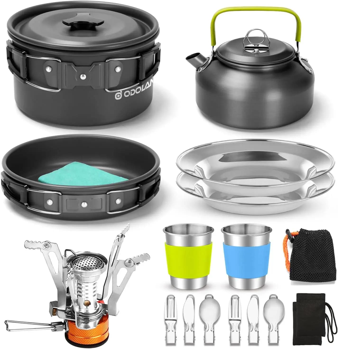 Set of 16 Pieces for Camping Kitchen with Folding Stove, Brushes and Padelles Lightweight for Hiking and Picnic Open