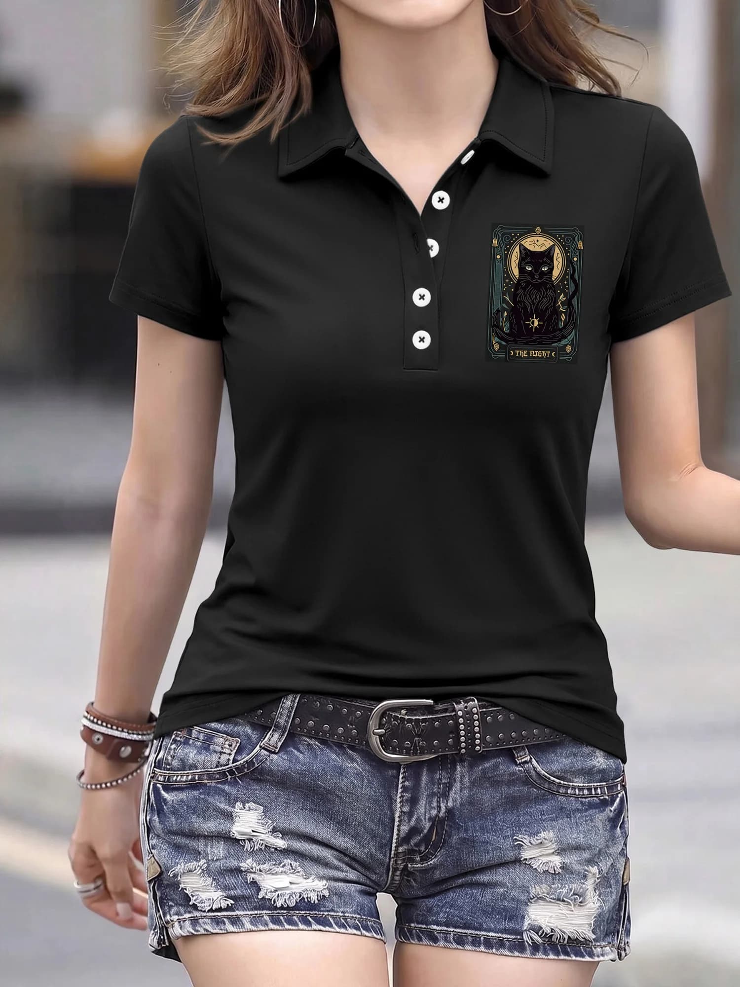 Vintage Tarot Black Cat Card Graphic Women Short Sleeve Polo Tee Lapel Half Placket Slim Retro Casual Top