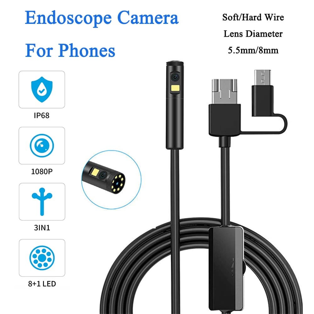 5.5/8mm USB/Type C Camera for Endoscope Digital Video for Android IP68 HD Periscope Waterproof Inspection 9 LED Lights for PC Phones